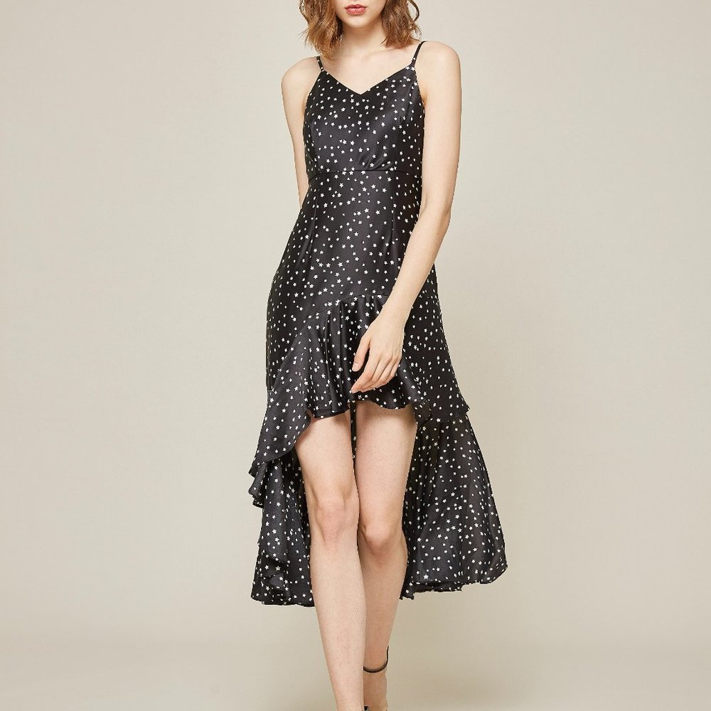 AMYLYNN Elegant Black Star-Print Midi Dress